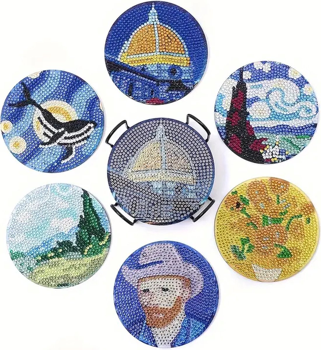 Diamond Painting - Onderzetters met houder - 6 Stuks - Van Gohg - Volledig - Ronde steentjes -10x10cm