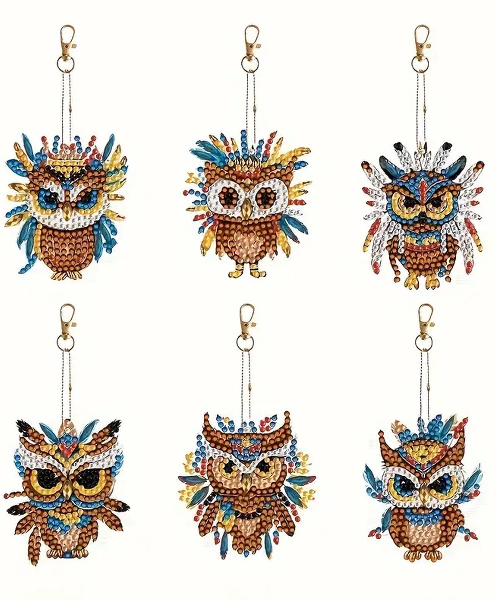 Diamond Painting - Sleutelhanger - uil - 6 stuks - Volledig - Ronde steentjes