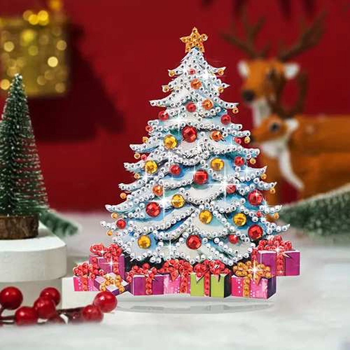 Diamond Painting - Sprankelende kerstboom - Op standaard - Niet Volledig - Ronde steentjes - 12x15cm