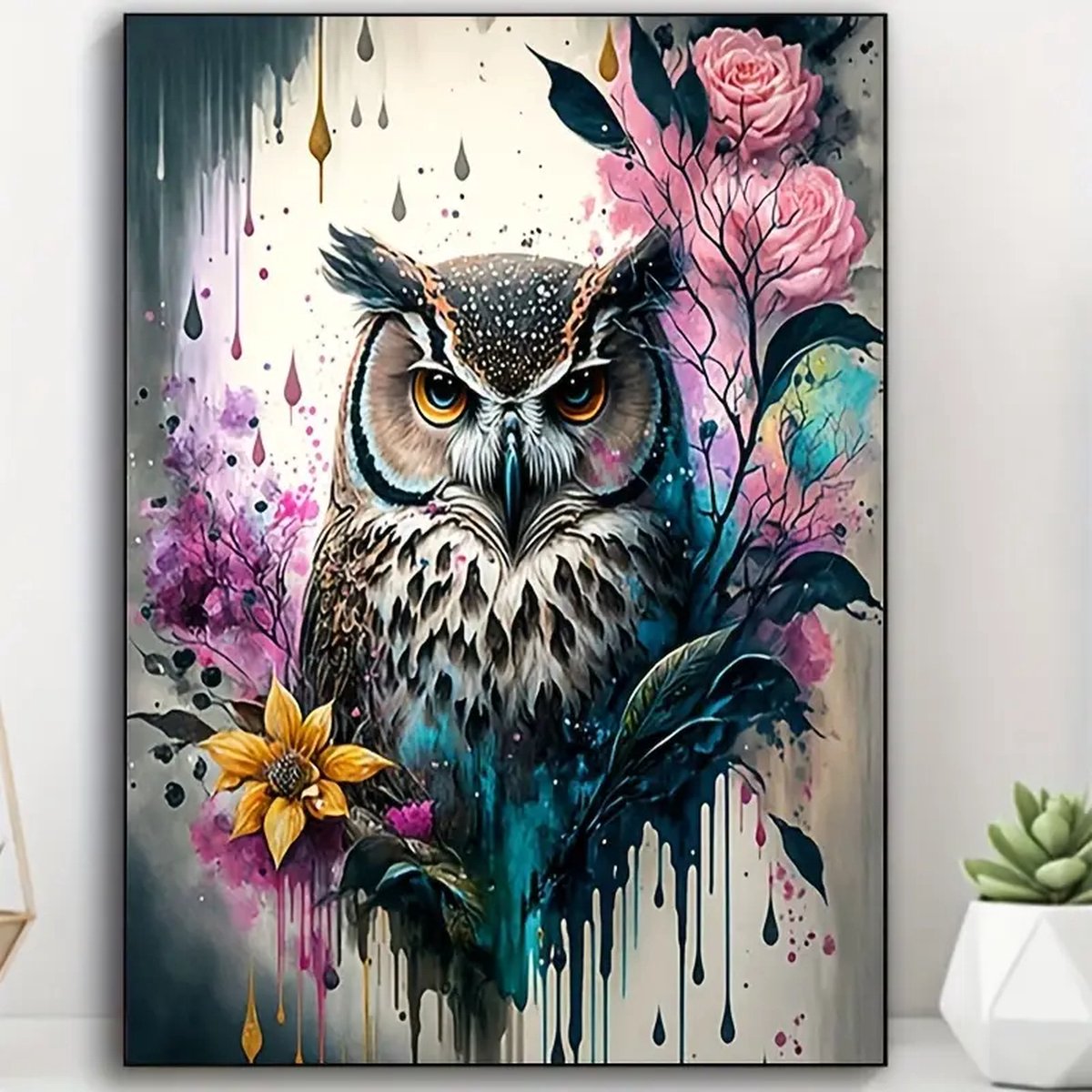 Diamond Painting - Uil - Bloemen - Kleuren - Volledig - Ronde steentjes - 30x40cm