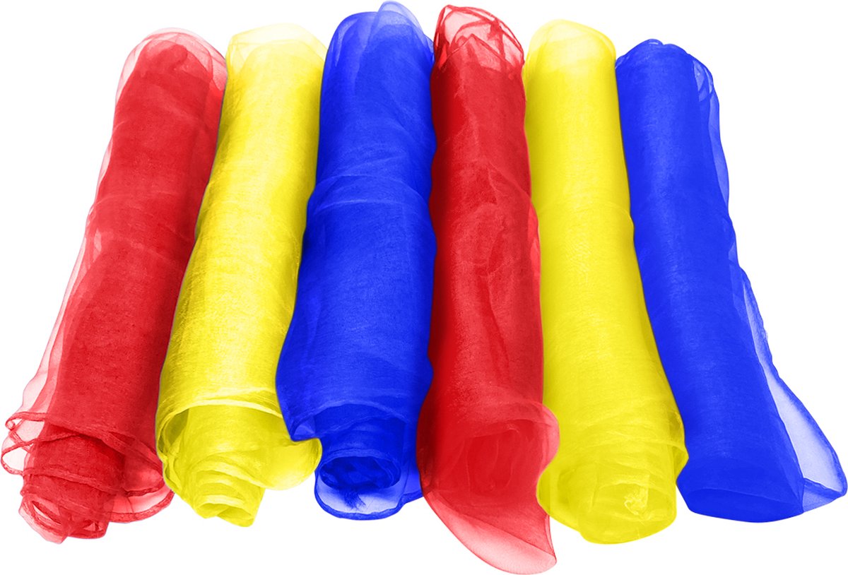   Jongleersjaaltjes Set 6 Stuks - Jongleerdoekjes 60x60 cm - Jongleer Sjaaltjes - Speelsjaaltjes - Blauw, Geel, Rood