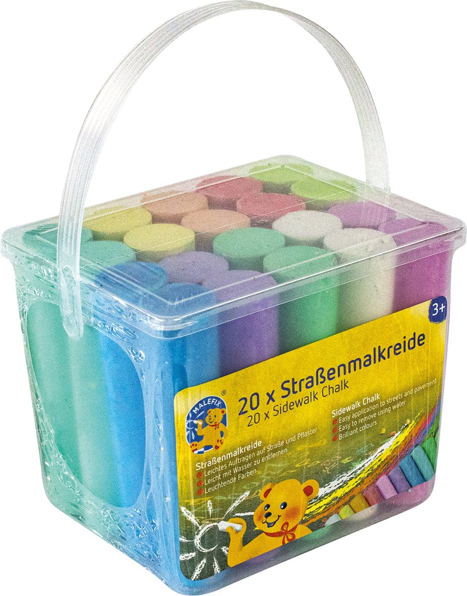 Pustefix - Malefix: STOEPKRIJT 13x10,8x10cm, emmertje met 20 stuks, vrolijke kleuren, 4+