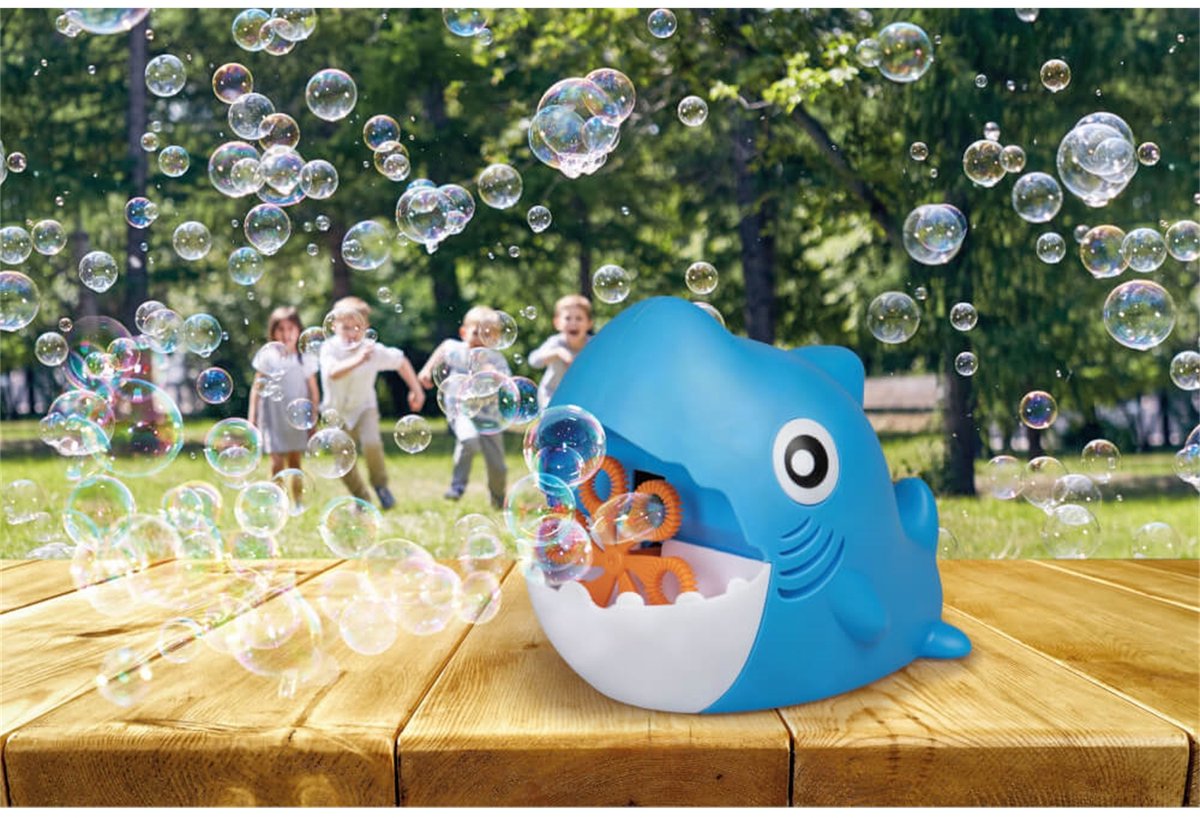 Pustefix Bellenblaas: BELLENBLAASMACHINE HAAI, met 70ml Pustefix vloeistof, werkt op batterijen (3x AA niet inbegrepen), in open doos, 4+