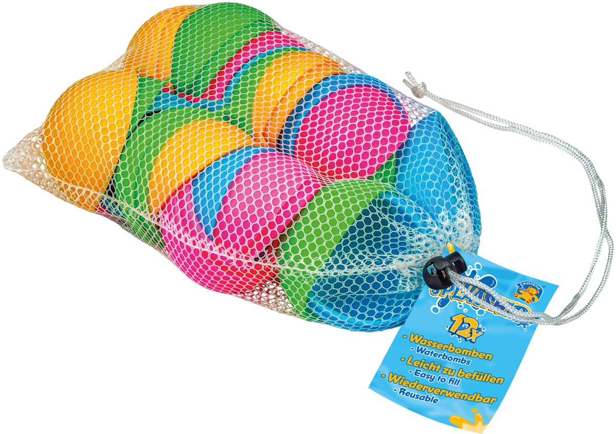 Pustefix: WATER SPLASHERS diam.5,5cm, 12 waterbommen, gemengde kleuren, in netje 18x12x5,5cm, 4+
