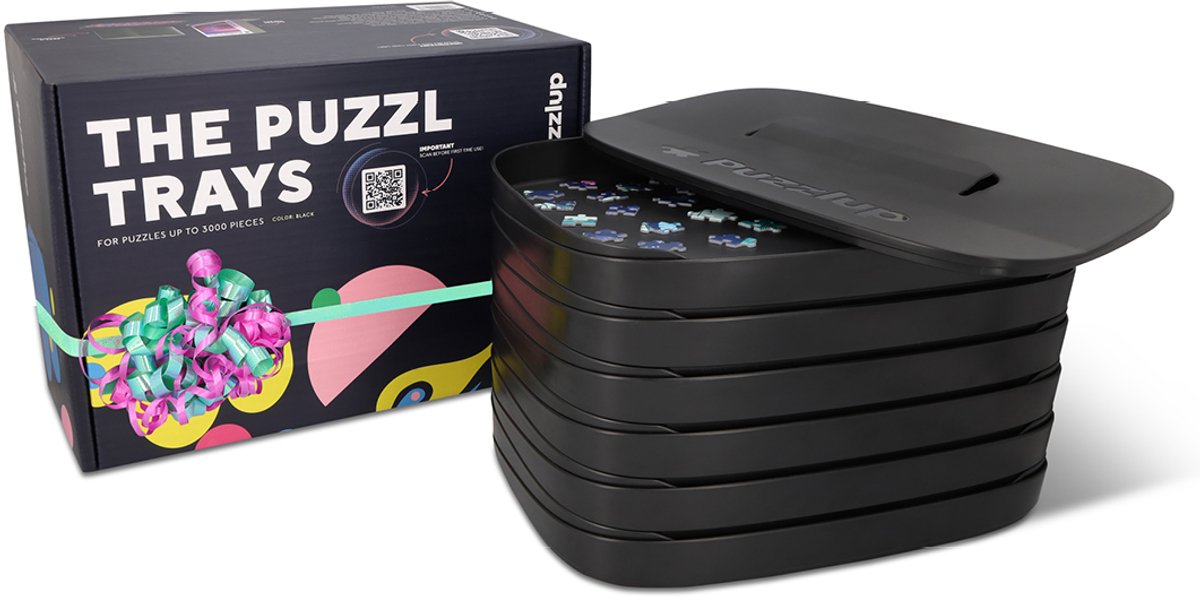 Puzzlup Puzzel sorteerbakjes XL – Set van 12, stapelbaar, met deksel & dooshouder – Tot 3000 stukjes – Mat Zwart