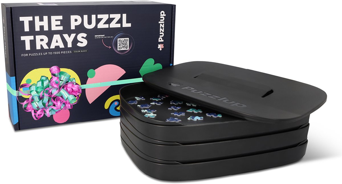Puzzlup Puzzel sorteerbakjes – Set van 6, stapelbaar, met deksel & dooshouder – Tot 1500 stukjes – Mat Zwart