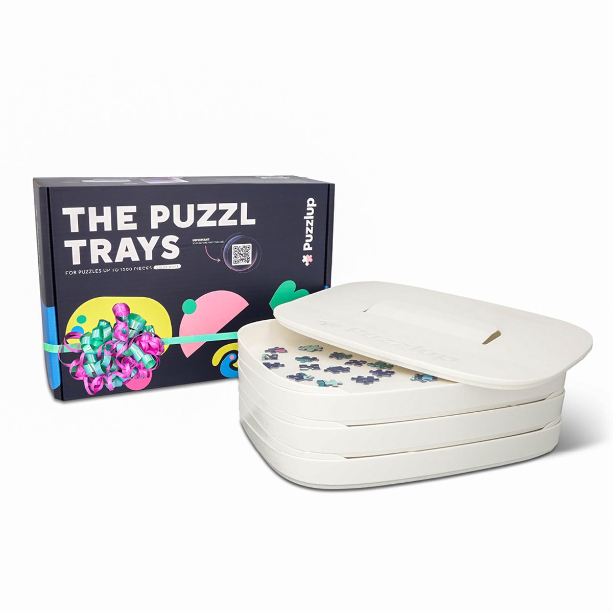 Puzzlup Puzzel sorteerbakjes – Set van 6, stapelbaar, met deksel & dooshouder – Tot 1500 stukjes – Warm Wit