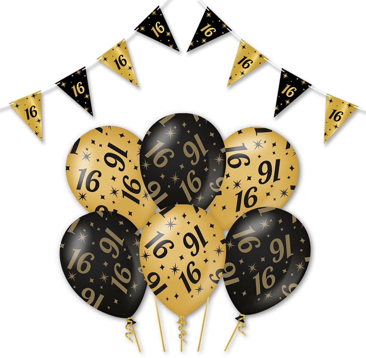 Q2P - 16 Jaar - Slingers - Ballonnen - Zwart & Goud Set - Verjaardag Versiering - Helium Ballon - Sweet Sixteen