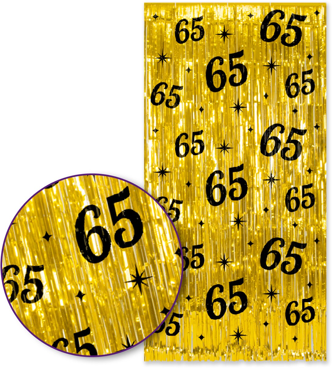 Q2P – 65 Jaar Foliegordijn – Goud & Zwart – 100×200 cm – Zelfklevend – 65e Verjaardag Versiering – Backdrop Fotomuur