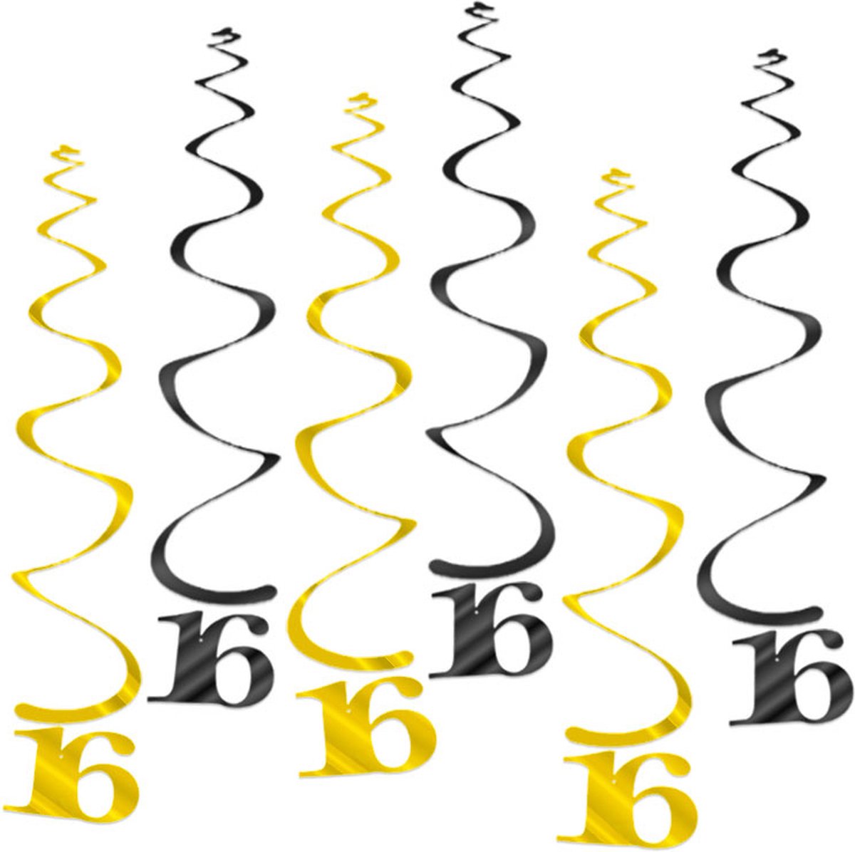 Q2Party - 16 Jaar Swirl - Slinger - Leeftijd - Versiering - Verjaardag - decoratie - Feest - Hangdecoratie - Goud/Zwart – 6 stuks