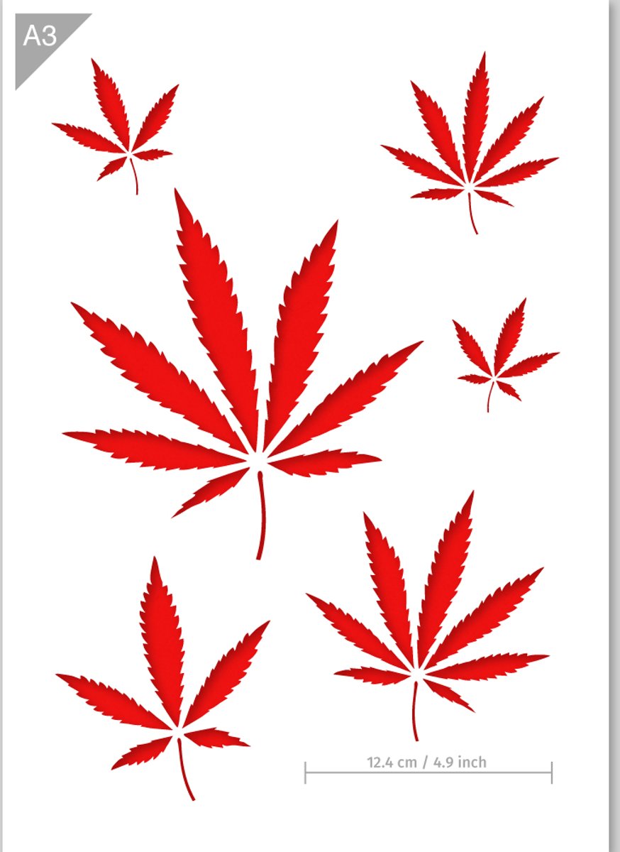 A3 Cannabis Sjabloon - Kunststof Stencil - Blad rechtsonder is 12,4cm breed - Kindvriendelijk sjabloon geschikt voor graffiti, airbrush, schilderen, muren, meubilair, taarten en andere doeleinden