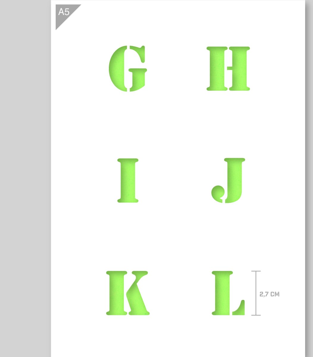 A5 Alfabet Letter Sjabloon G H I J K L – Kunststof - Hoogte letters 2,7cm