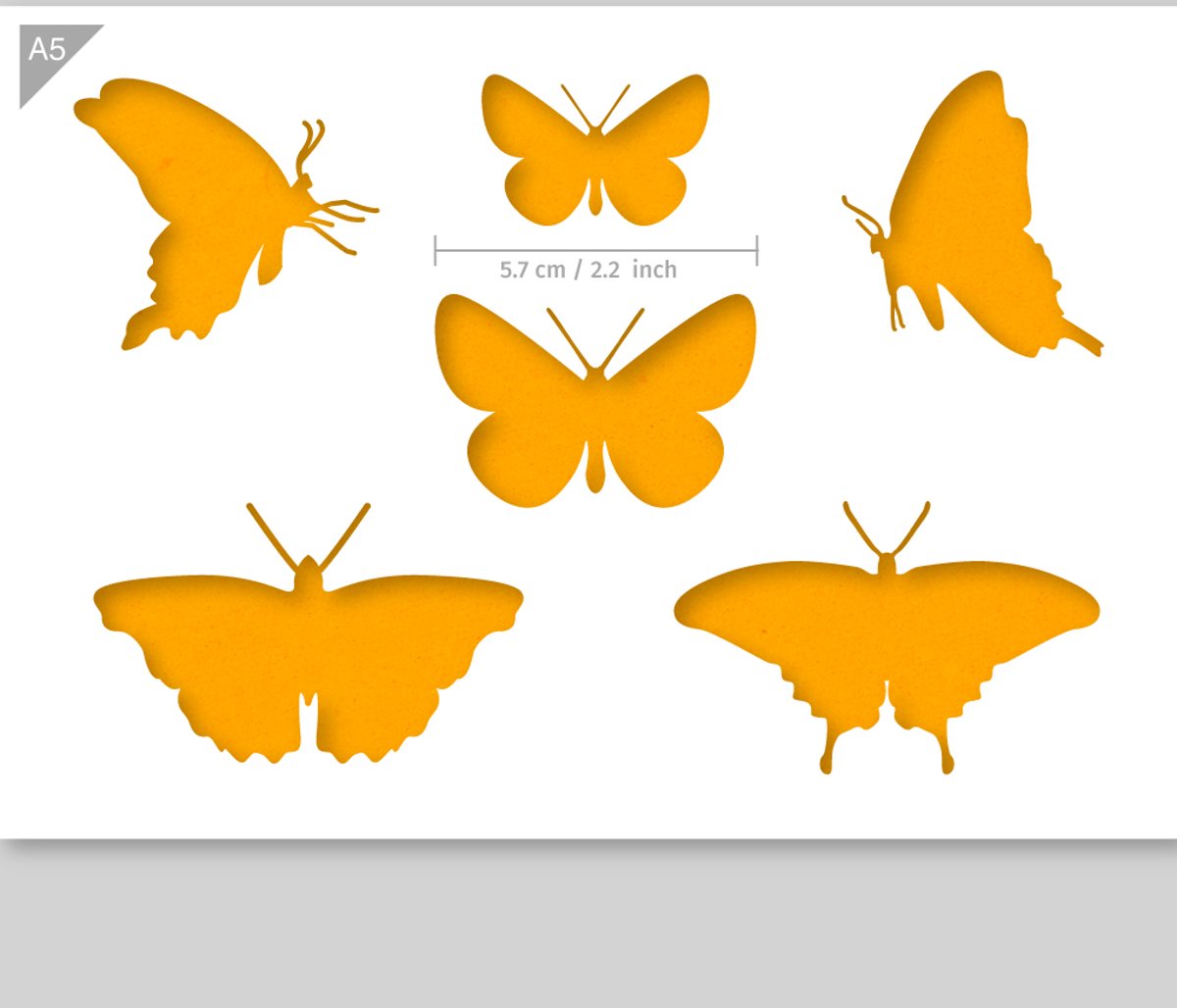A5 Sjabloon Vlinder Silhouetten – Kunststof Stencil - Middelste vlinder is 5,7cm breed