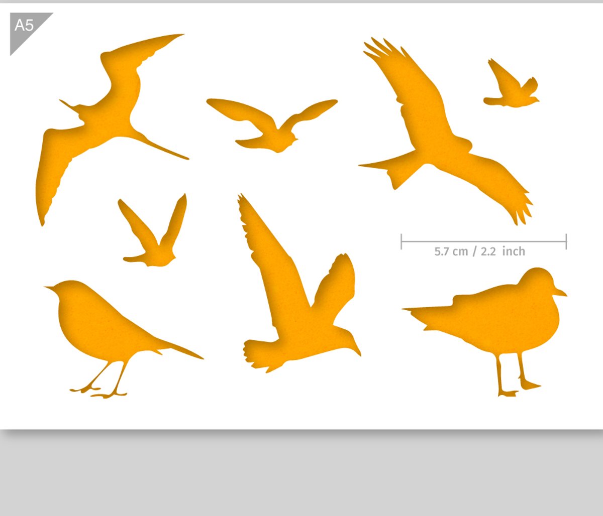 A5 Sjabloon Vogel Silhouetten – Kunststof Stencil - De meeuw rechtsonder is 5,7cm breed