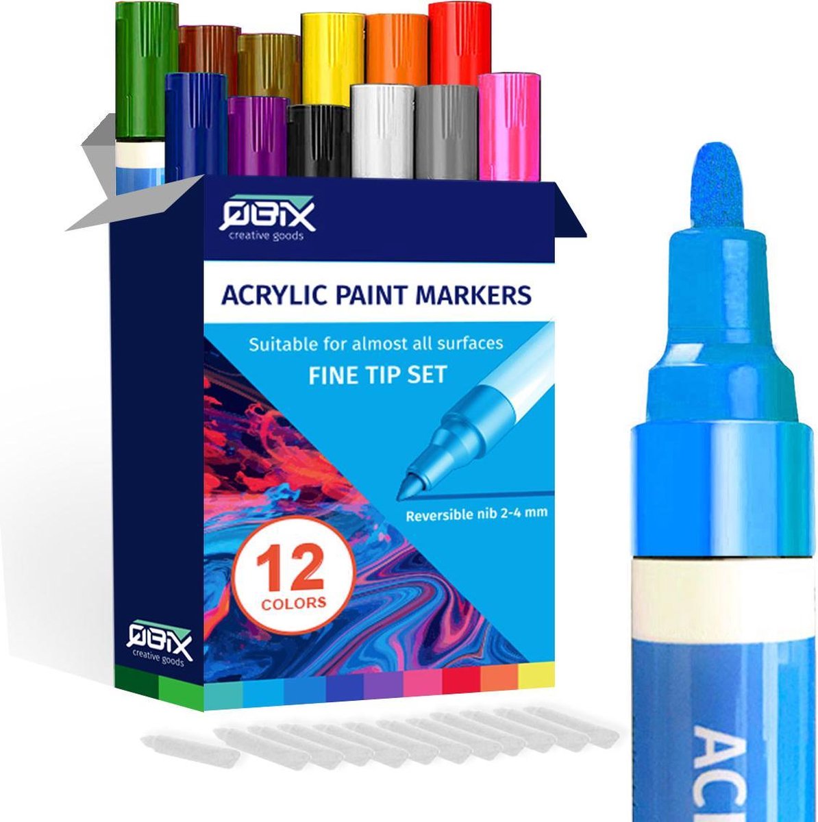 QBIX Acryl Paint Marker Set Fine Tip - 12 Kleuren -  Geschikt voor vele ondergronden