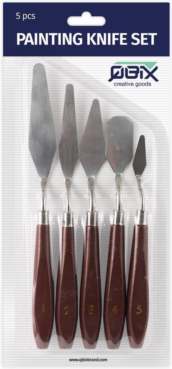 QBIX Schilderspaletmessen Set - 5 stuks metalen painting knifes met houten handvat
