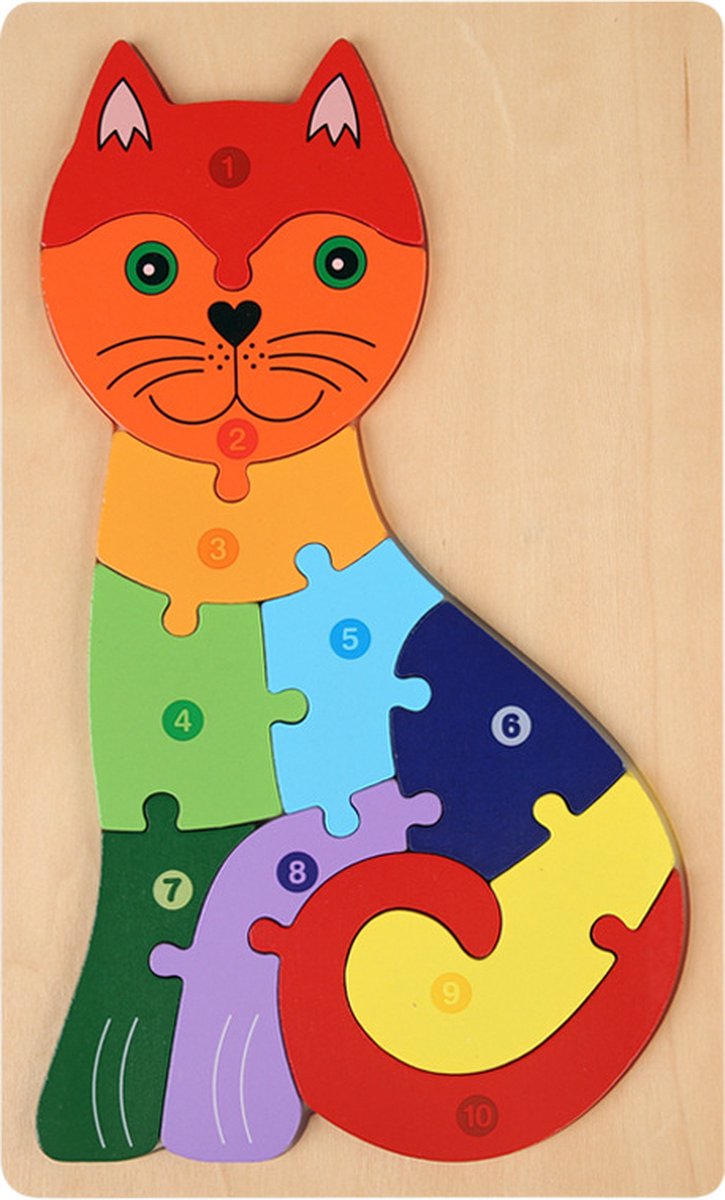 Houten Blokpuzzel-Montessori Speelgoed-3D puzzel-Kinderen-3 Jaar-Gift-Cadeau-10stuks-Kat, Educatief Spel voor 3 4 5 6 7 Jaar, Cadeau voor Jongens en Meisjes