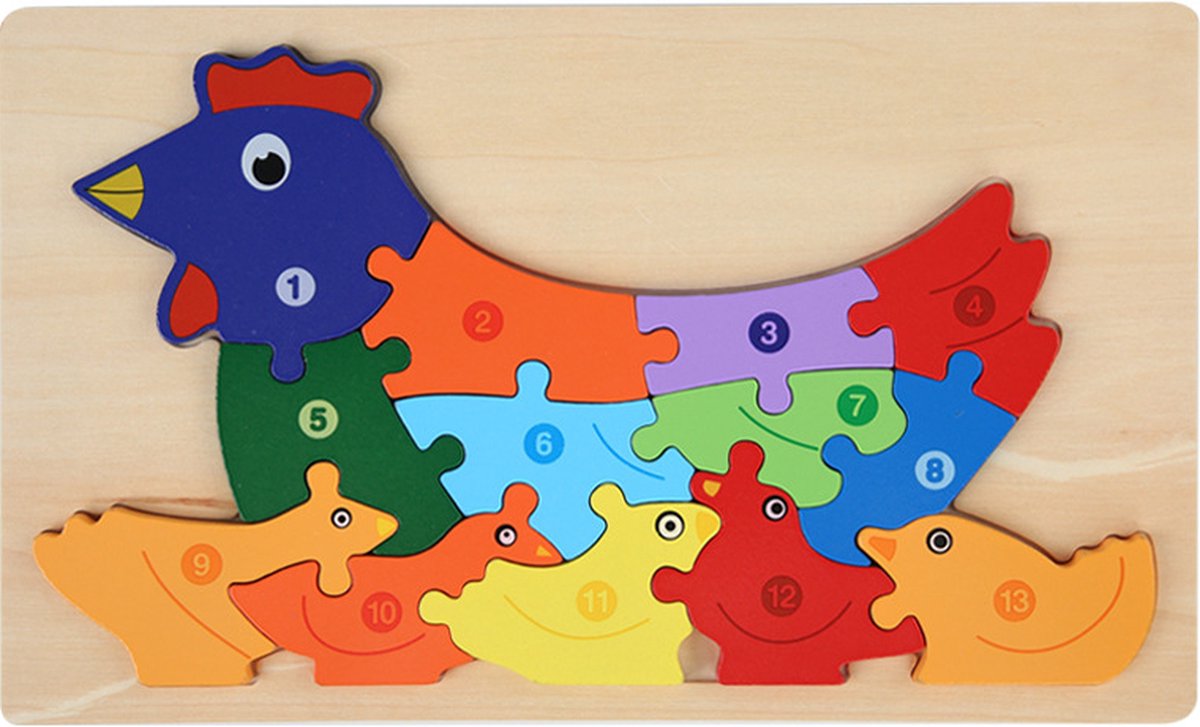 Houten Blokpuzzel-Montessori Speelgoed-3D puzzel-Kinderen-3 Jaar-Gift-Cadeau-13stuks-Hen, Educatief Spel voor 3 4 5 6 7 Jaar, Cadeau voor Jongens en Meisjes