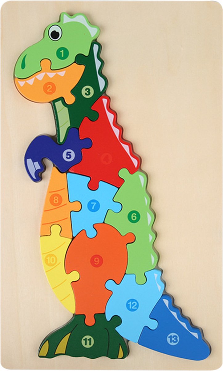 Houten Blokpuzzel-Montessori Speelgoed-3D puzzel-Kinderen-3 Jaar-Gift-Cadeau-13stuks-Tyrannosaurus Rex, Educatief Spel voor 3 4 5 6 7 Jaar, Cadeau voor Jongens en Meisjes