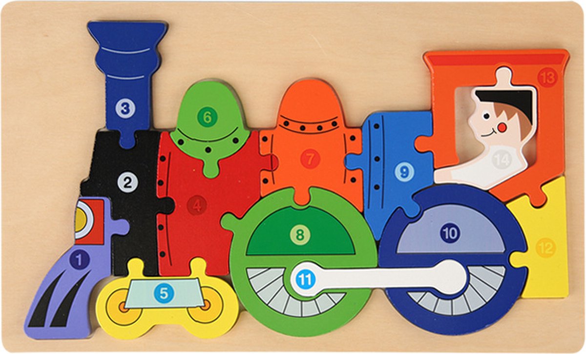 Houten Blokpuzzel-Montessori Speelgoed-3D puzzel-Kinderen-3 Jaar-Gift-Cadeau-14stuks-Trein, Educatief Spel voor 3 4 5 6 7 Jaar, Cadeau voor Jongens en Meisjes