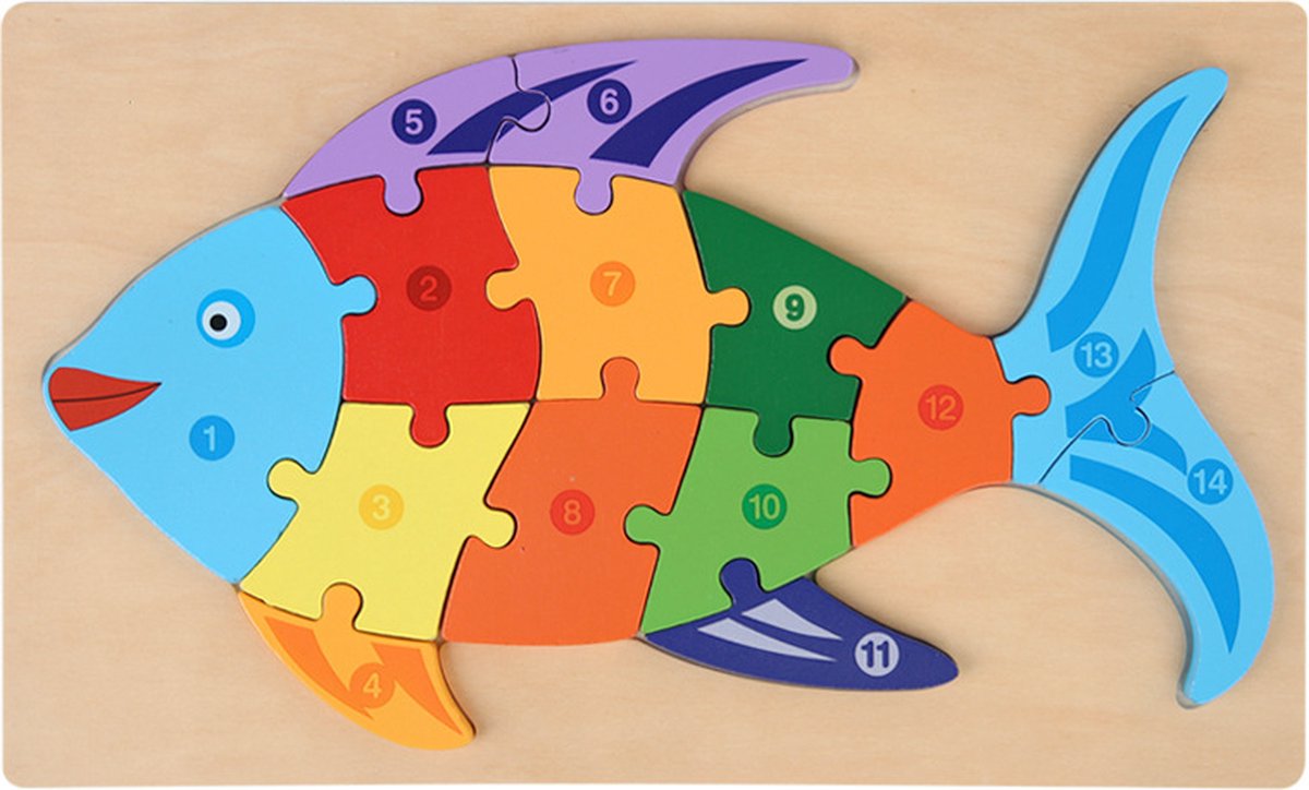 Houten Blokpuzzel-Montessori Speelgoed-3D puzzel-Kinderen-3 Jaar-Gift-Cadeau-14stuks-Vis