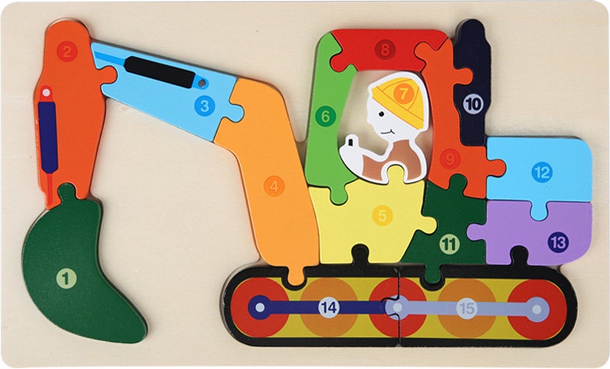 Houten Blokpuzzel-Montessori Speelgoed-3D puzzel-Kinderen-3 Jaar-Gift-Cadeau-15stuks-Graafmachine, Educatief Spel voor 3 4 5 6 7 Jaar, Cadeau voor Jongens en Meisjes