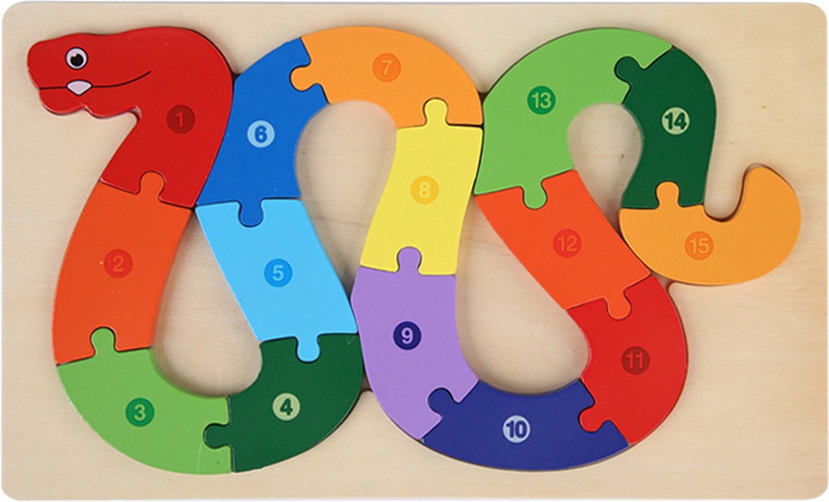 Houten Blokpuzzel-Montessori Speelgoed-3D puzzel-Kinderen-3 Jaar-Gift-Cadeau-15stuks-Slang, Educatief Spel voor 3 4 5 6 7 Jaar, Cadeau voor Jongens en Meisjes