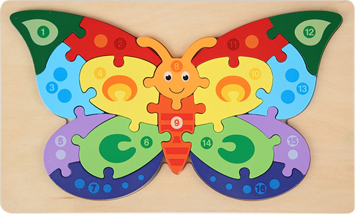 Houten Blokpuzzel-Montessori Speelgoed-3D puzzel-Kinderen-3 Jaar-Gift-Cadeau-16stuks Butterfly, Educatief Spel voor 3 4 5 6 7 Jaar, Cadeau voor Jongens en Meisjes