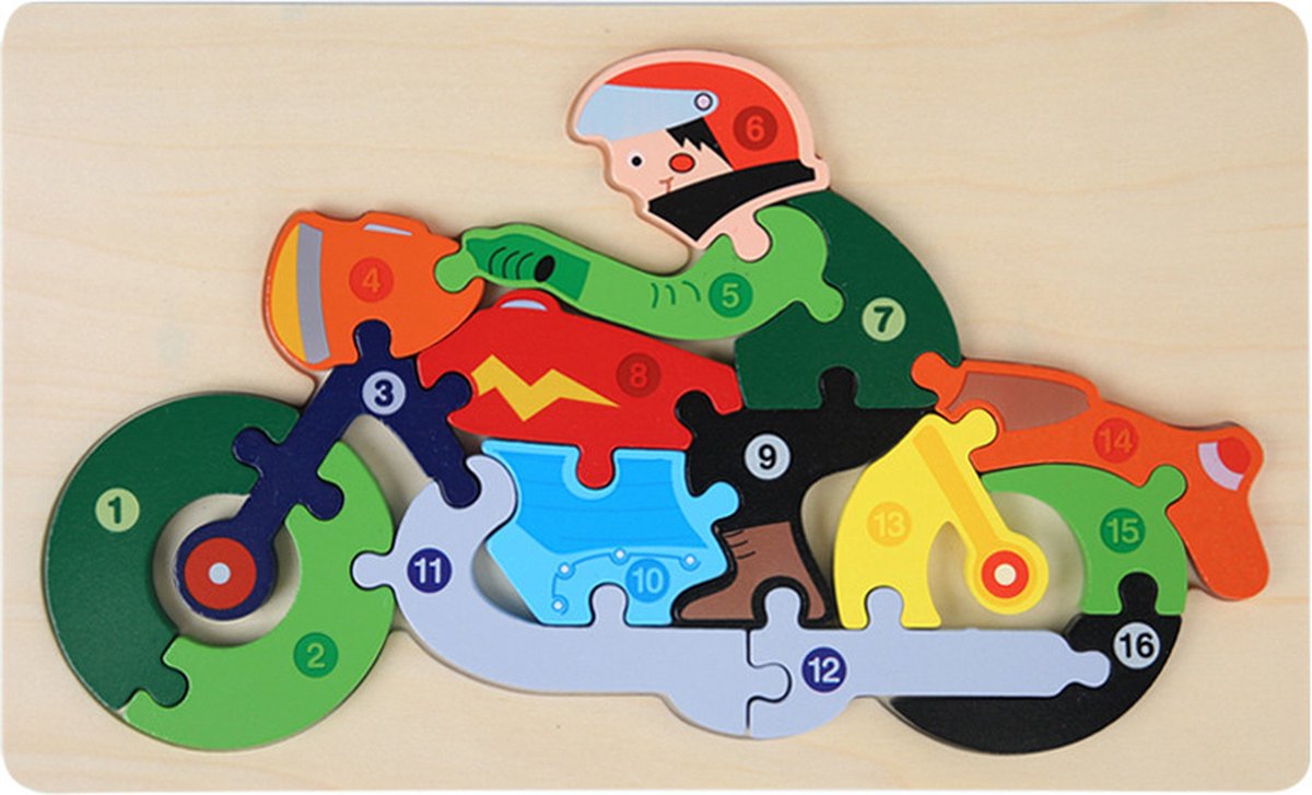 Houten Blokpuzzel-Montessori Speelgoed-3D puzzel-Kinderen-3 Jaar-Gift-Cadeau-16stuks-Motorfiets