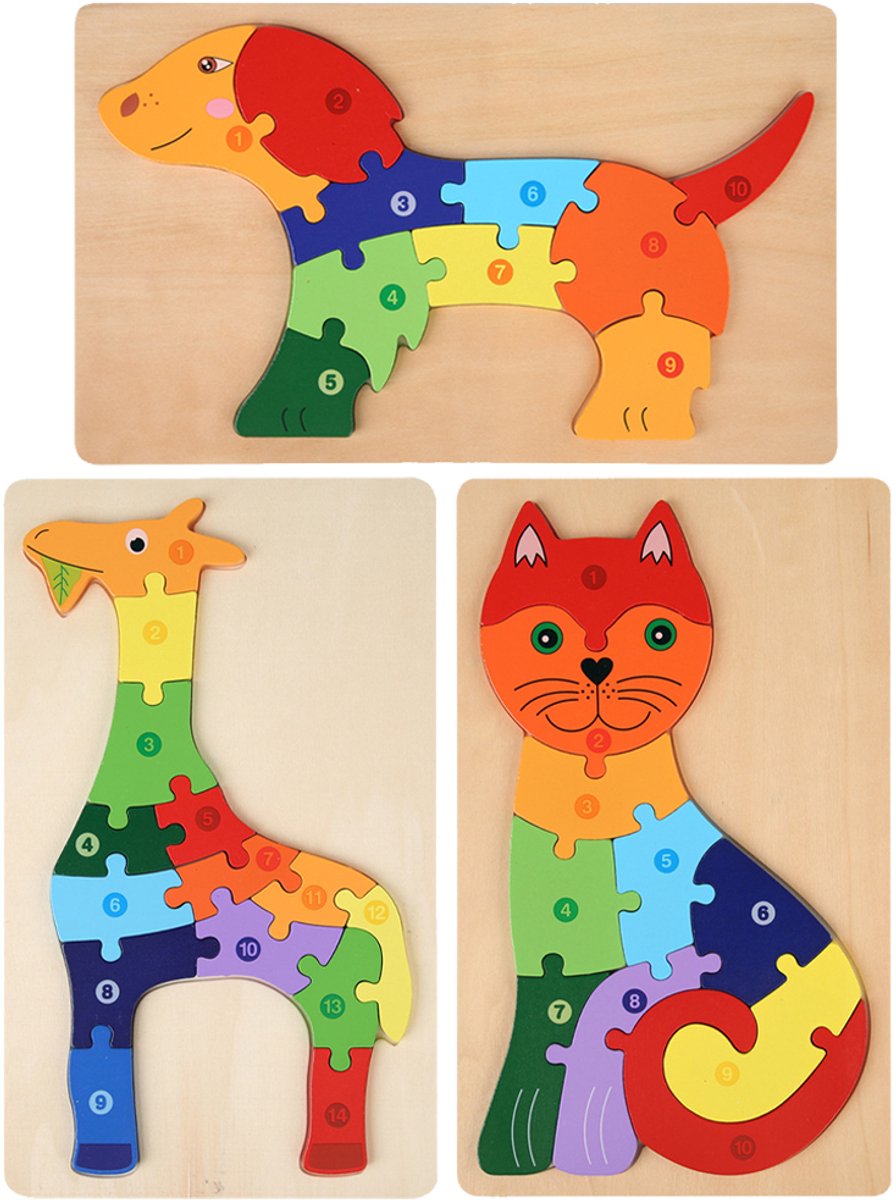 Houten Blokpuzzel-Montessori Speelgoed-3D puzzel-Kinderen-3 Jaar-Gift-Cadeau-Hertje,Kat,Puppy, Educatief Spel voor 3 4 5 6 7 Jaar, Cadeau voor Jongens en Meisjes