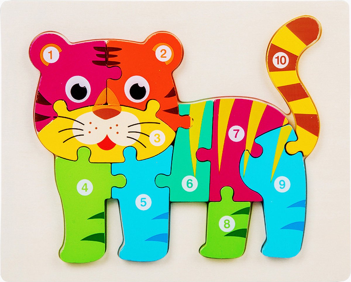 Houten Blokpuzzel-Montessori Speelgoed-3D puzzel-Kinderen-3 Jaar-Gift-Cadeau-Tijger, Educatief Spel voor 3 4 5 6 7 Jaar, Cadeau voor Jongens en Meisjes