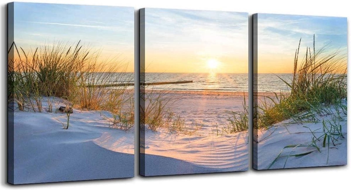 QPFO® Modern Canvas Wall Art 3-Piece - Nature and Landscape Beach Sunrise - With Frame and Hanging Without Drilling