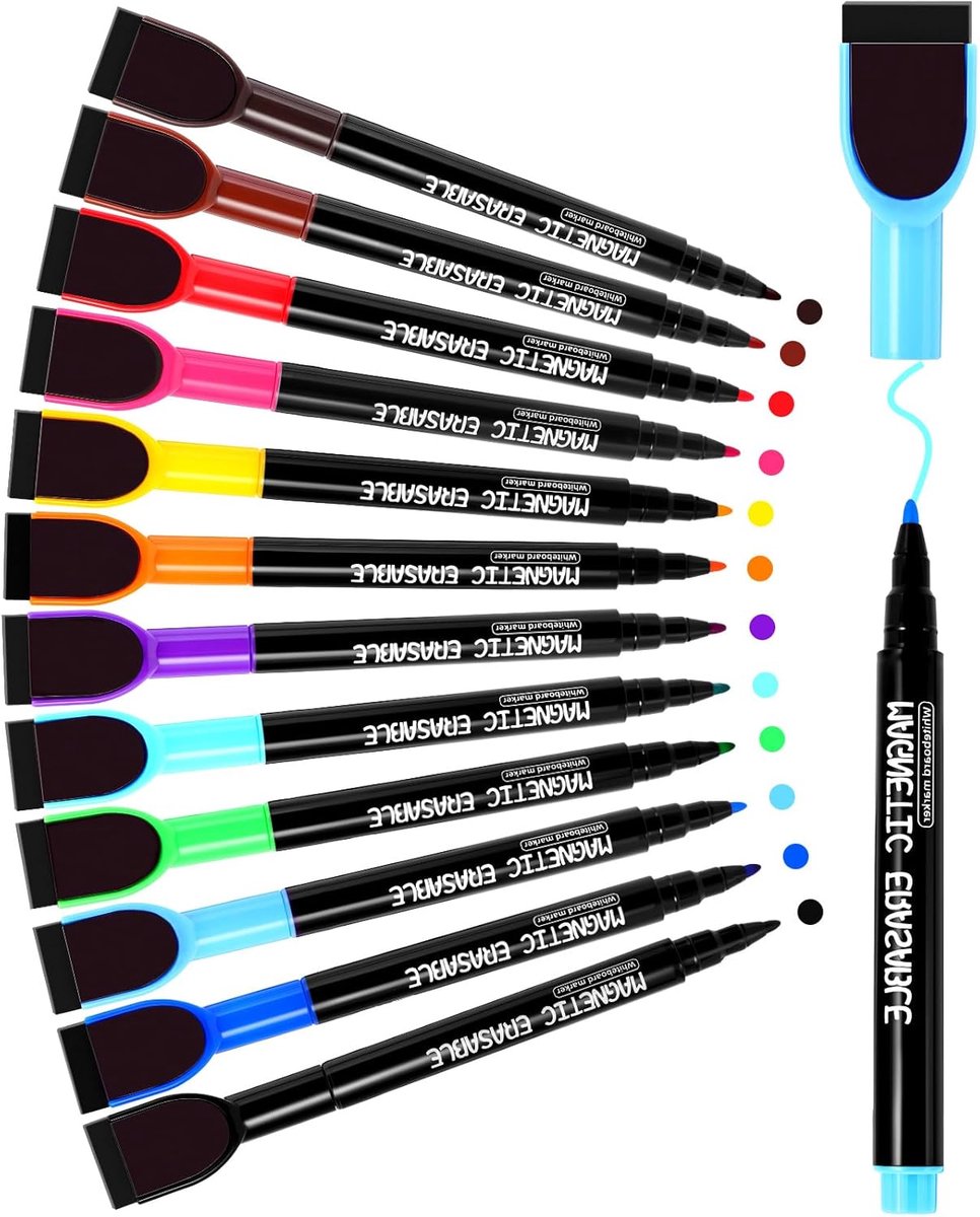 Magnetische Whiteboard Stiften – 12 Kleuren Fijne Punt, Uitwisbare Markers met Wisdop, Geurarm, Ideaal voor Kinderen, Kantoor, School & Kalenderborden