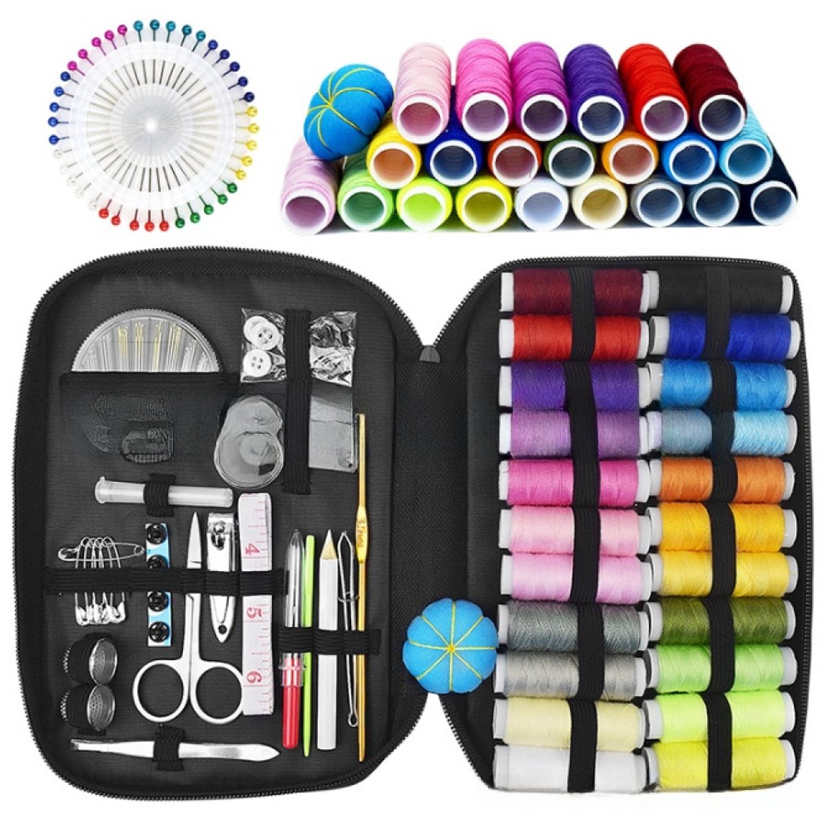 Naai- en Draadset - 126-delig Hoogwaardige Kit - Inclusief Naaigaren, Naalden & Accessoires - Voor Reizen, Noodgevallen & Dagelijks Gebruik - Compact Etui - Zwart - 1 Set