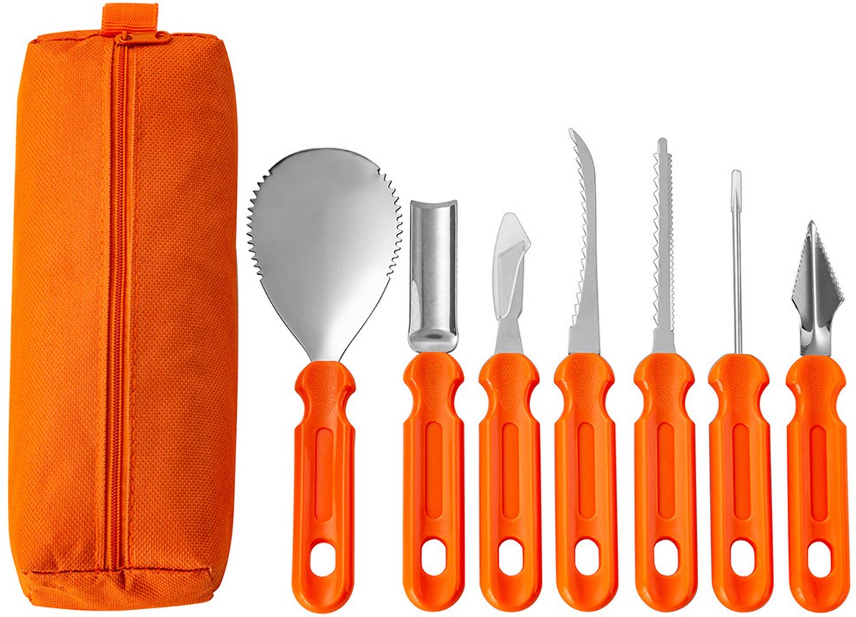 QTTVBTNA - Halloween Pompoen Snijset - 7-delige RVS DIY Snijtools - Met Opbergtas - Geschikt voor familie-activiteiten - Oranje - 7-delig