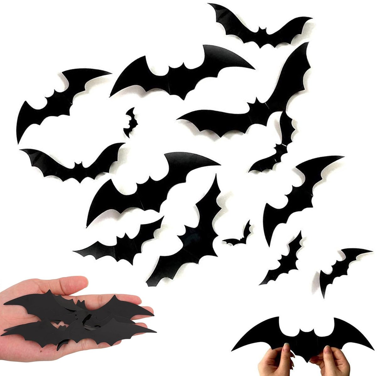 QTTVBTNA - Halloween Vleermuis Decoratie Set - 3D Vleermuis Muurstickers & Raamstickers - Halloween Versiering - Binnen & Buiten Decoratie - Zwart - 72 Stuks