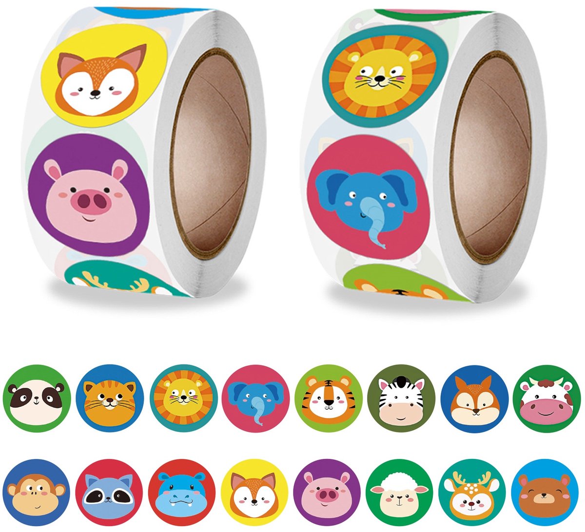 QTTVBTNA 1000 dierenstickers - 2 rollen van 500 zelfklevende stickers - kleurrijke educatieve stickers voor kinderen, beloning en decoratie