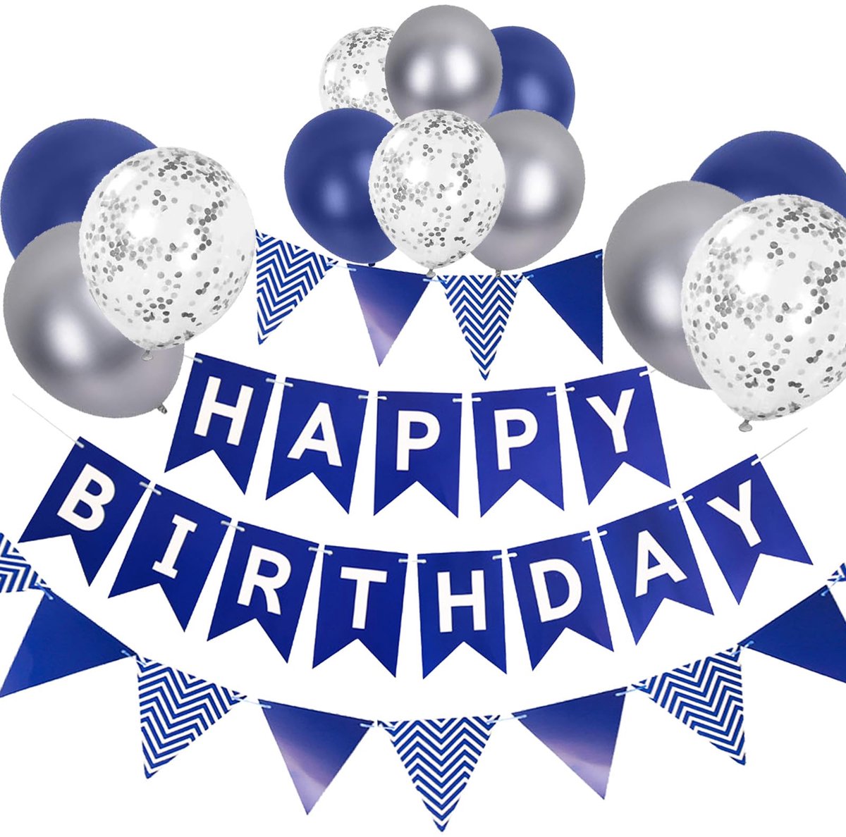 QTTVBTNA -Marineblauw Verjaardagsdecoratie Set – Happy Birthday Banner met Ballonnen, Confetti & Lint