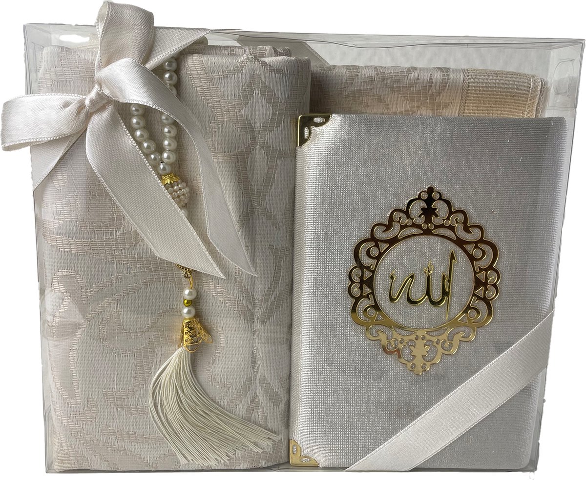 Islamitische giftset - Velvet Yaseen Wit - Koran - Gebedskleed - Tasbeeh - Gebedssnoer - Speciaal cadeaupakket voor islamitische - islamitische producten - QURAN GIFT SET