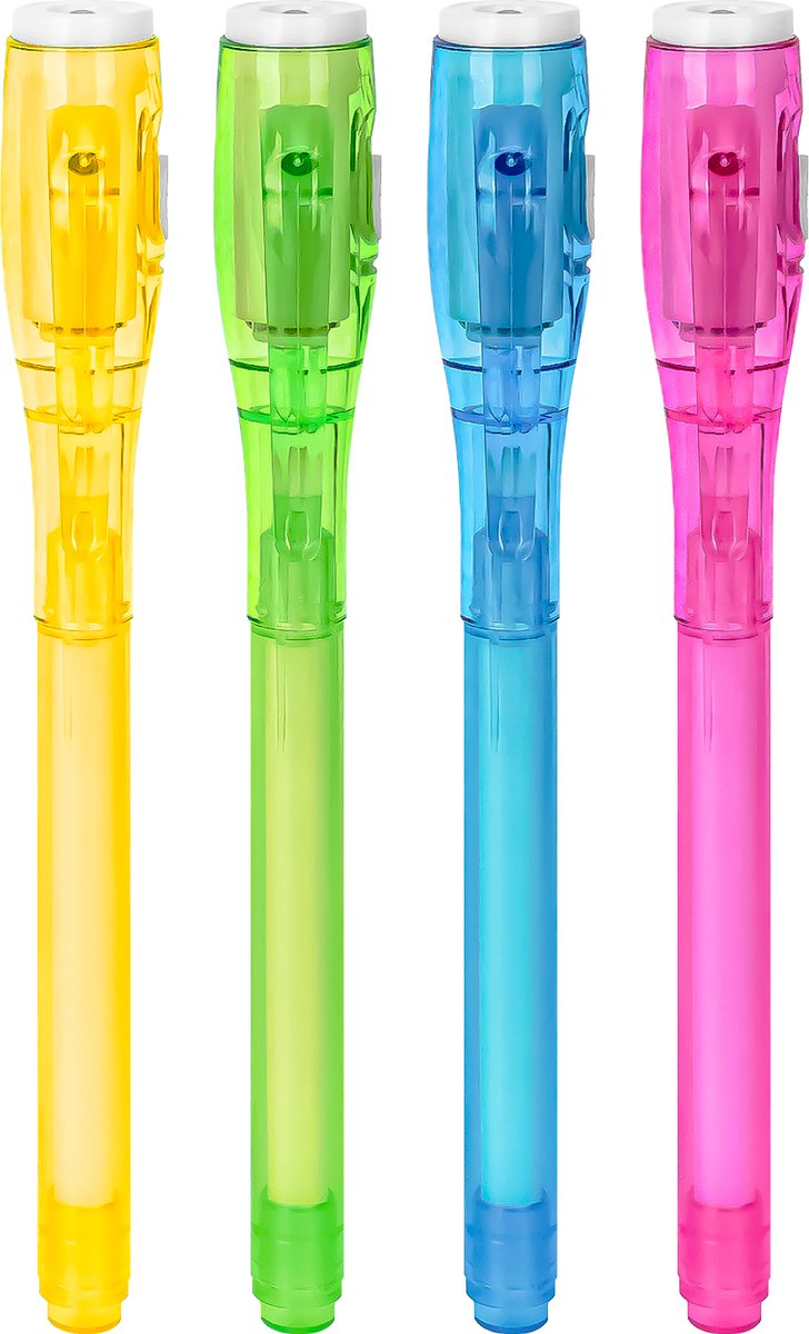 Onzichtbare inkt pen met UV lampje, blacklight UV pen voor geheimschrift of bijvoorbeeld dagboek - Set van 4 pennen met UV LED