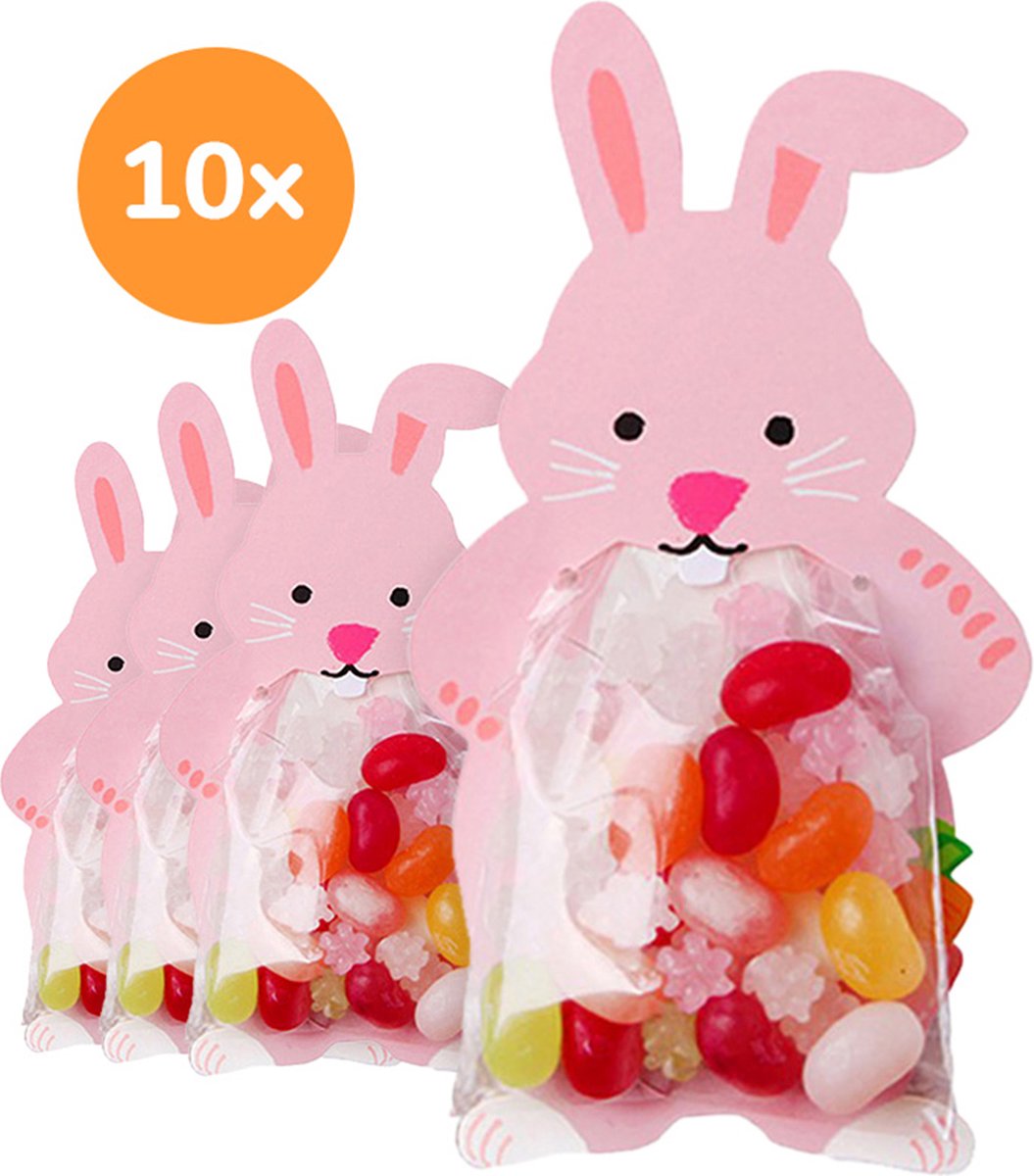 Uitdeelzakjes konijn – Snoepzakjes – cellofaan zakjes met konijn van karton – 10 stuks – 11cm x 6cm