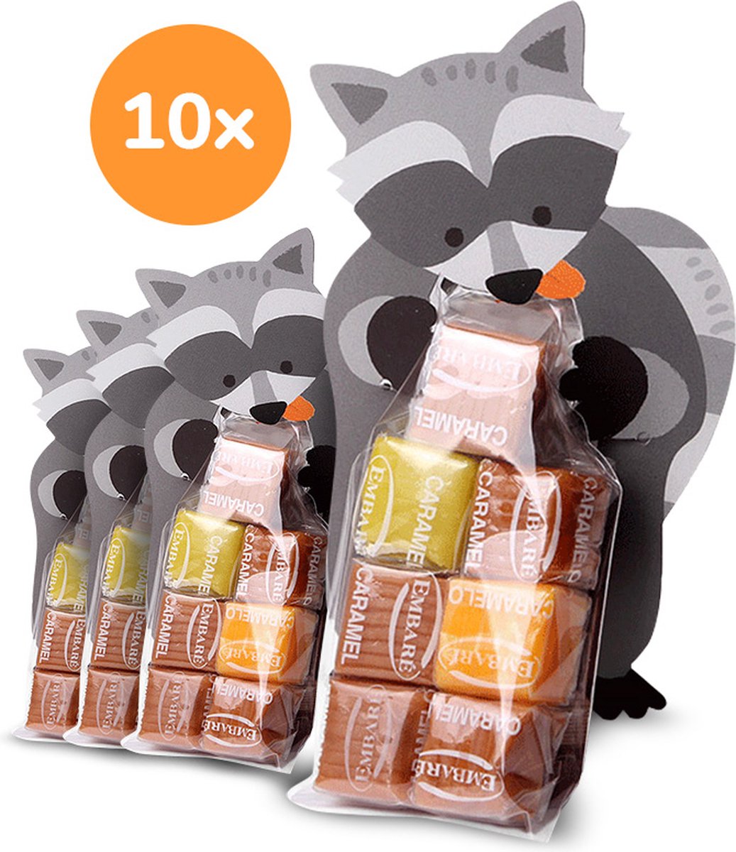 Uitdeelzakjes wasbeer – Snoepzakjes – cellofaan zakjes met wasbeer van karton – 10 stuks – 11cm x 6cm