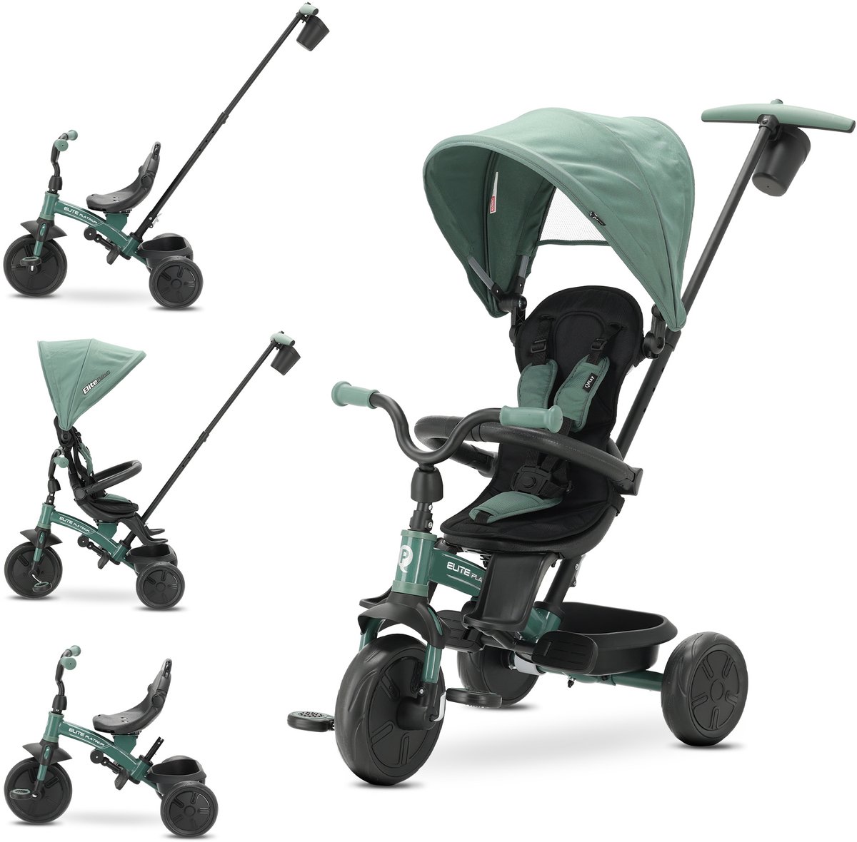 Qplay Elite Platinum Green – 6 in 1 - Driewieler met Duwstang