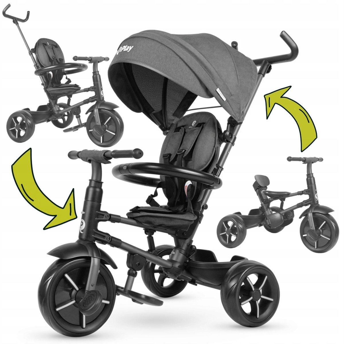 Qplay Rito Star Driewieler 3-in-1 Grijs - Loopfiets & Kinderwagen