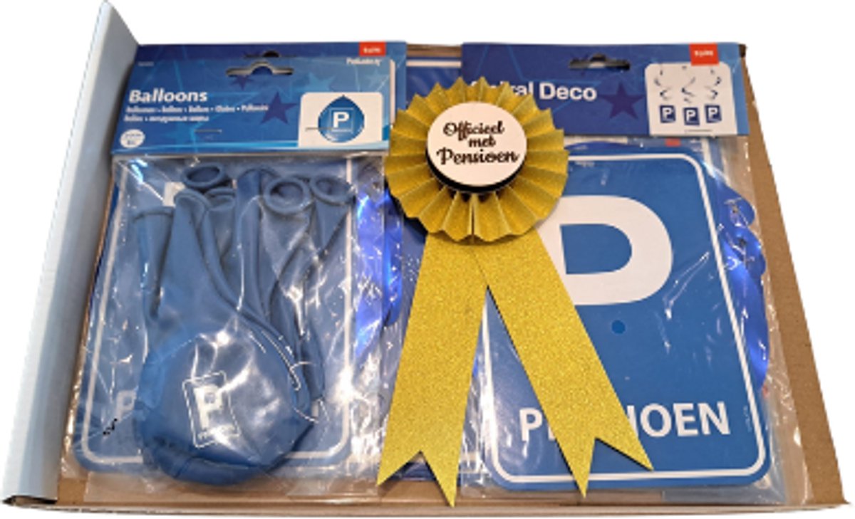 R giftcompany Pensioen feest versiering pakket Xl met 1 set ballonen 1x pensioen roset, 1x slingers en 2x spiraal 3x deco