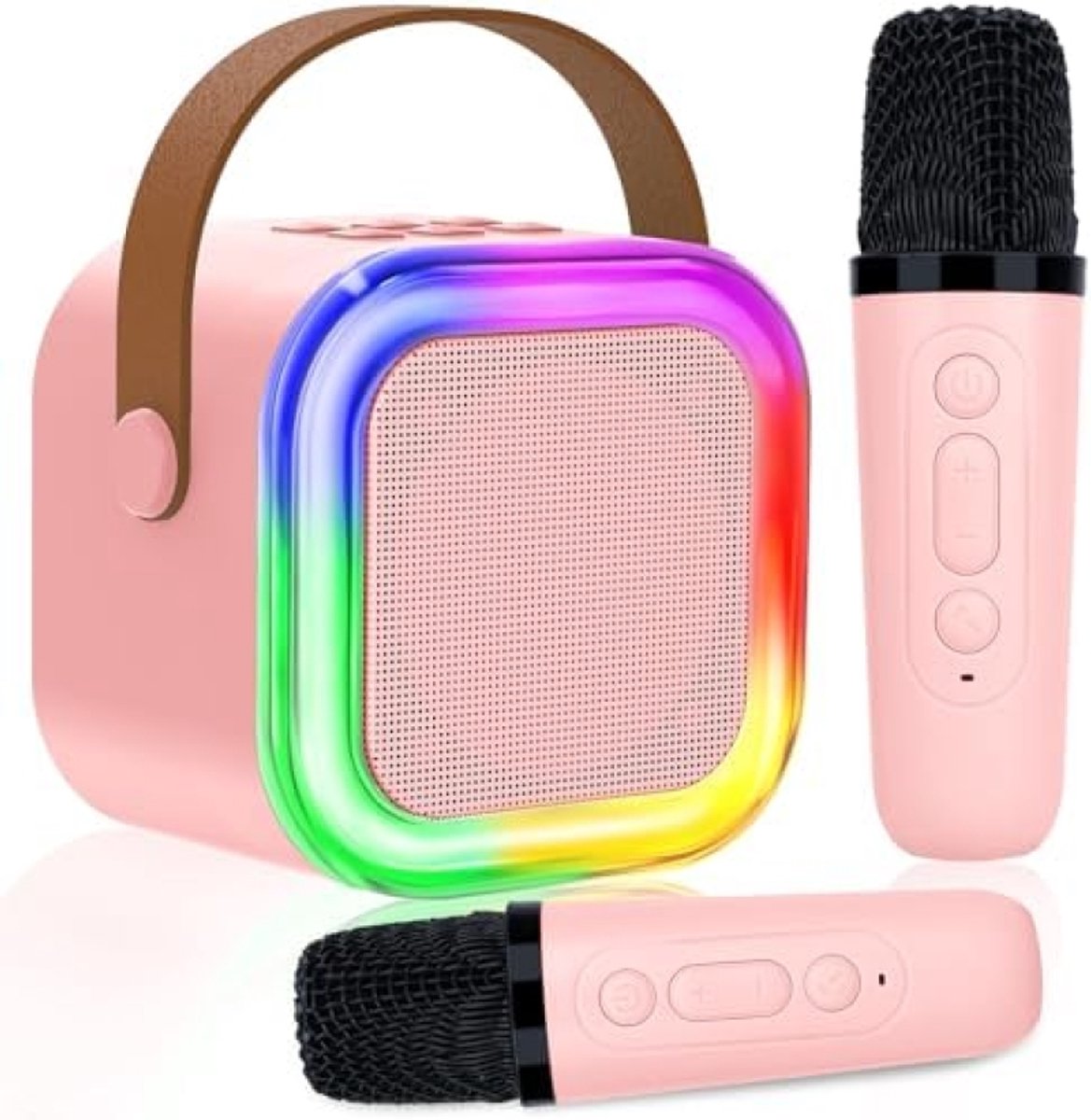 Draagbare Karaokemachine voor Kinderen met 2 Draadloze Microfoons, Bluetooth-luidspreker en LED-verlichting - Roze