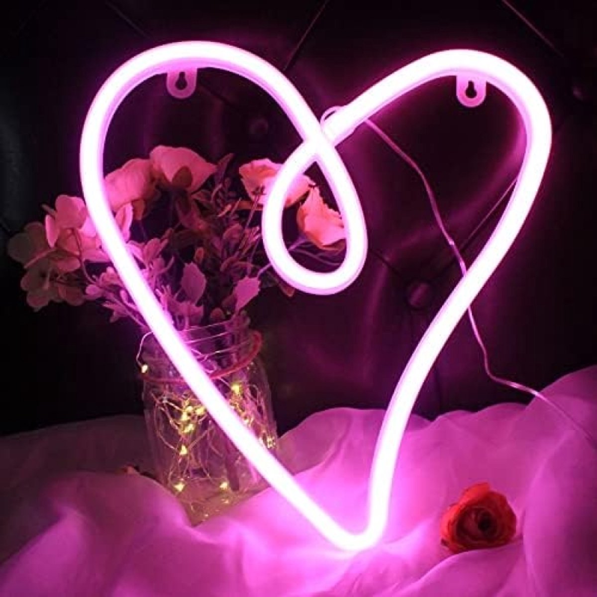 Hartvormige LED Neon Wandlamp - Roze Liefdeshart Nachtverlichting met USB en Batterijvoeding voor Slaapkamer Decoratie