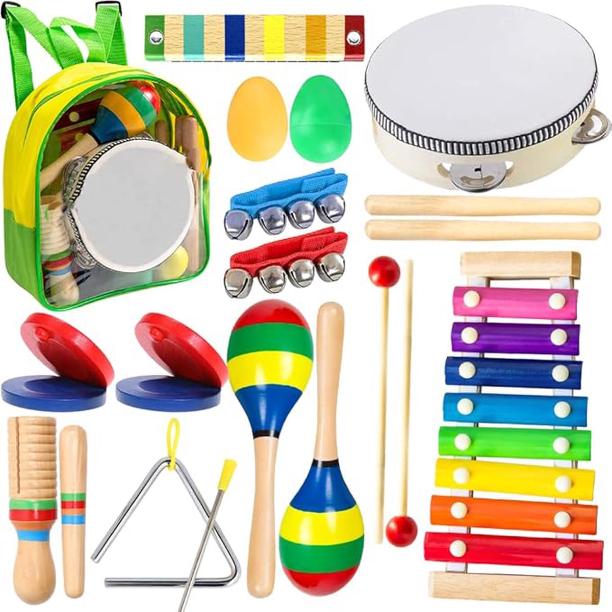 Houten Muziekset 19 Stuks Percussie Muziekinstrumenten voor Kinderen Montessori Muziekinstrumenten voor Peuters van 3, 5, 9, 12 jaar Muzikaal Speelgoed