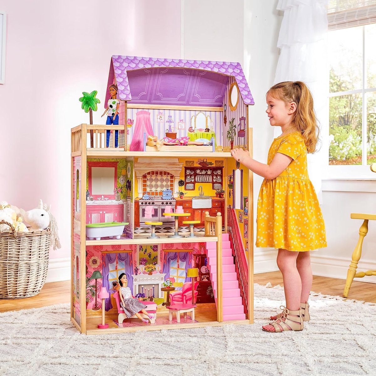 Houten Poppenhuis Kayla - 3 Verdiepingen Met Meubilair En Accessoires - Speelset Voor Poppen Tot 30 cm - Meerkleurig - 73.66 x 33.66 x 114.3 cm