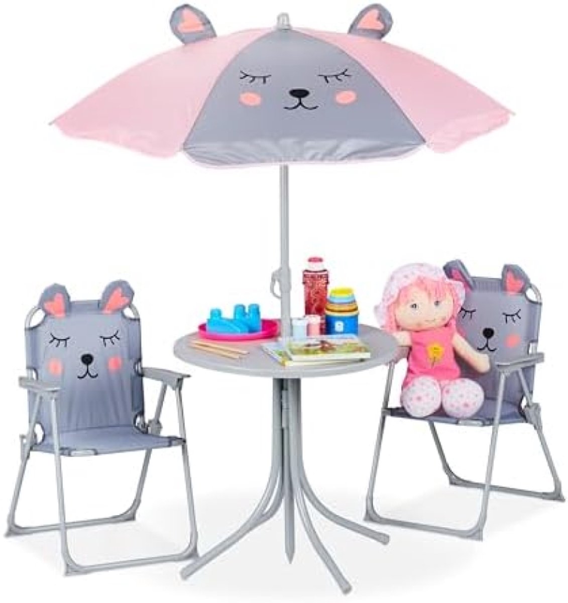 Kinderzitgroep met tafel en parasol, muis design, grijs - 4-delige tuinset voor kinderen